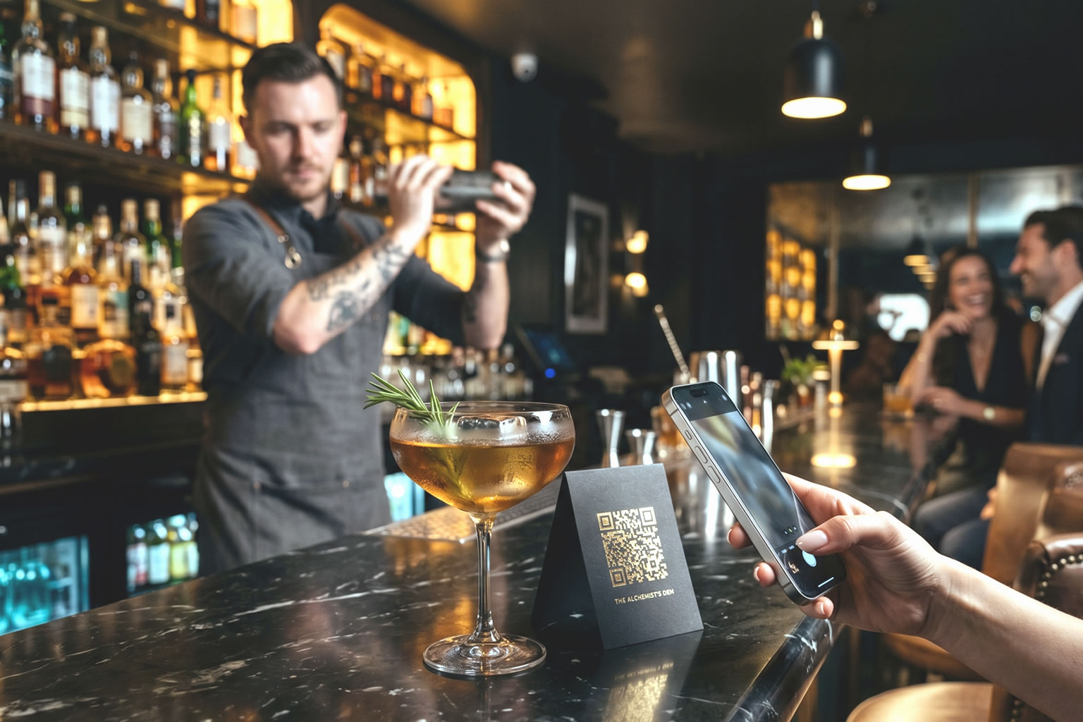 QR code photo sharing in a bar - customers scanning to upload photos