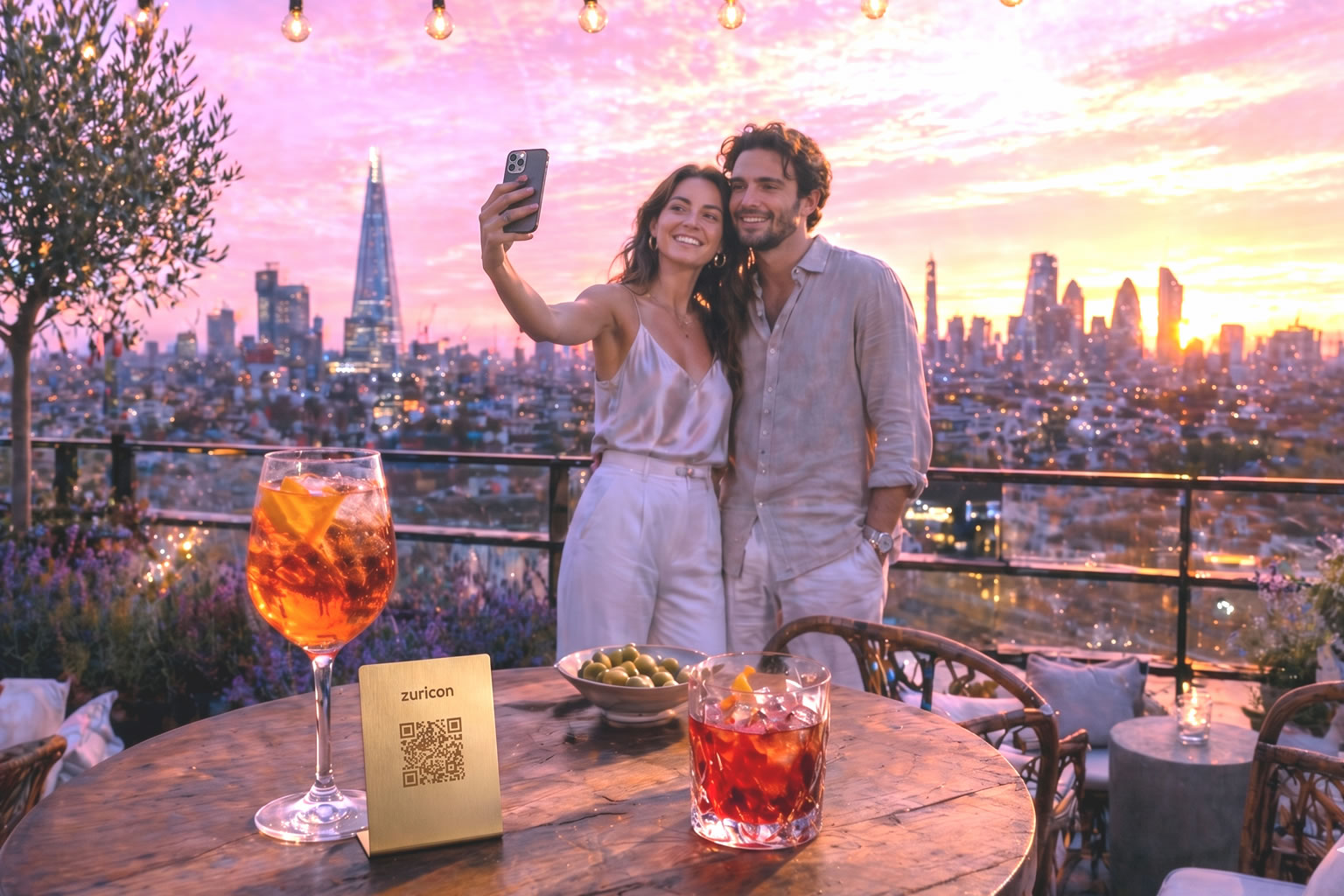 QR code photo sharing in a rooftop bar - guests scanning to upload photos